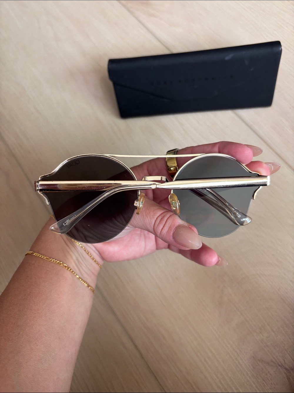 Quay Australia Roadie Gold Frame Sunglasses with Dark Brown Lenses - Picture 3 of 4